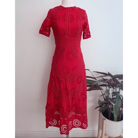 ASOS Premium Broderie Fabric Lace Eyelet Cocktail Red Cotton Midi Dress US 4 - Picture 2 of 12